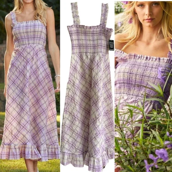 NWT Boston Proper Smocked Plaid Seersucker Dress In Lilac‎ And White. so … - Picture 2 of 15